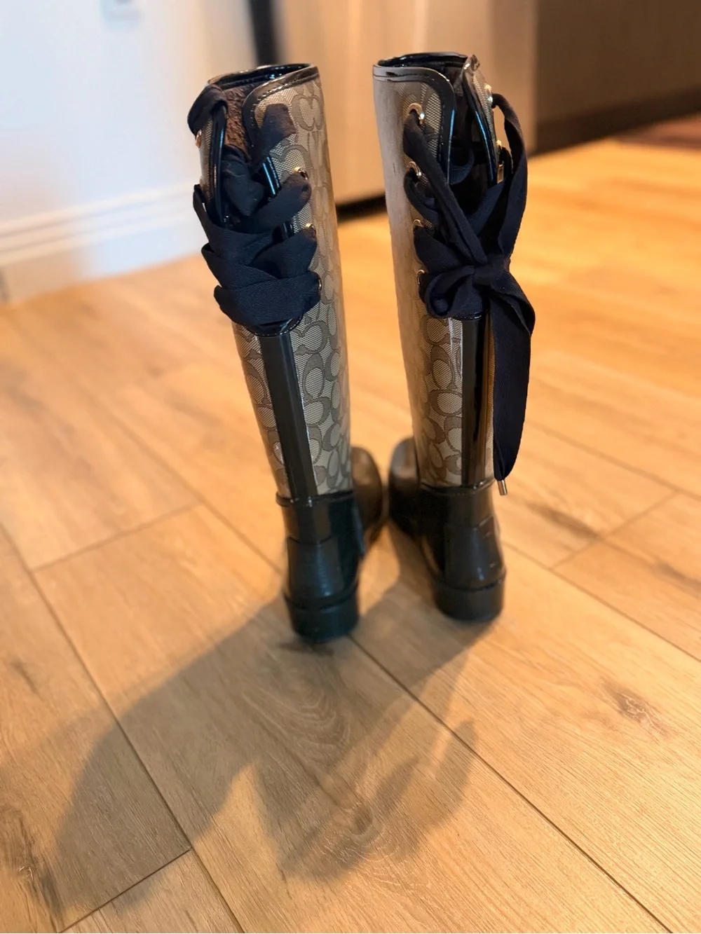Coach Beige BrownSignature Tall Rain Boots with Brown Trim
